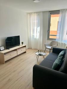 ein Wohnzimmer mit Couch und Flachbildfernseher in der Unterkunft BERENGUER HUESCA con parking in Huesca