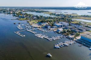 an aerial view of a marina with boats in the water at Sadama Apartment in Haapsalu