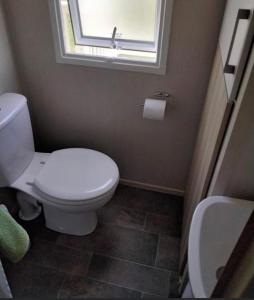 a bathroom with a white toilet and a window at Lorna's Hideaway! in Selsey