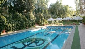 a large blue swimming pool with umbrellas in a yard at Hotel Torres I in Villanueva del Arzobispo