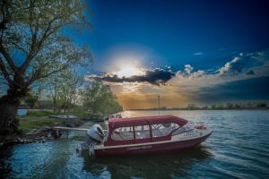 un barco en el agua con el sol en el cielo en Delta Boutique & Carmen Silva Resort, en Crisan