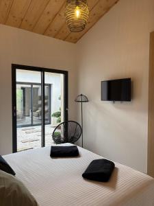 una camera da letto con un letto e una TV a parete di NEW Maison b Saint-Paul 8 Visiteurs a Saint-Paul-de-Vence