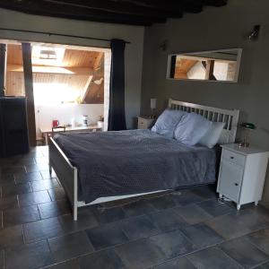 a bedroom with a bed and a mirror on the wall at Maison au calme avec jardin exotique pour 7 personnes in Thorigné-sur-Dué