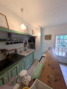 a kitchen with green cabinets and a wooden table at Maison Martina in Castellane