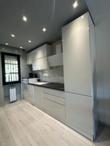 a kitchen with white cabinets and a large refrigerator at Mafiolina d'Amare in Marina di Massa