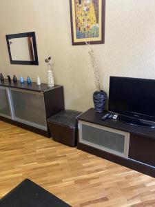 Una sala de estar con televisión y un sofá. en Квартира в сердце Баку, en Baku