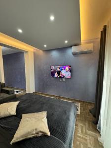 乌尔齐尼Stan Pinjes - Ulcinj的一间卧室，有一张床，墙上有一台电视