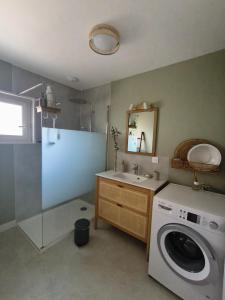 a bathroom with a washing machine and a sink at Chez Céline & Ludo in Villabon +34 photos