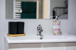 a bathroom sink with a bottle of soap on it at Le Terracotta, plein centre, garage, WIFI-Netflix in Montbéliard +13 photos