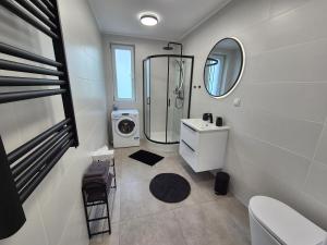 a bathroom with a sink and a washing machine at Villa Rico - Kalno in Kalno +29 photos