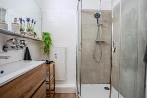 une salle de bain avec douche et lavabo dans l'établissement Sauna und Wandern im Bayernwald, à Regen 23 autres photos