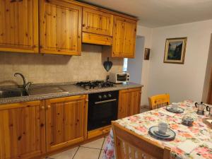 a kitchen with wooden cabinets and a stove top oven at Casa Roberta in Falcade