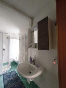 a white bathroom with a sink and a toilet at Casa Roberta in Falcade +29 photos