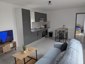 un salon avec un canapé bleu et une cuisine dans l'établissement O'Bel Air 2, à Amboise