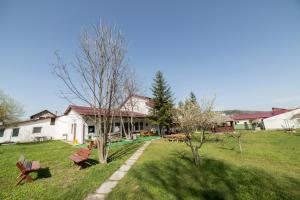 a house with a yard with benches and trees at Villa Bravo Breaza in Breaza