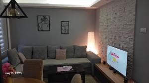a living room with a couch and a tv at SUNSHINE Apartment in Kragujevac