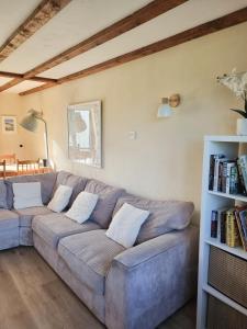 ein Wohnzimmer mit einer Couch und einem Bücherregal in der Unterkunft Bay Tree Cottage - cosy home near beach in Woolacombe