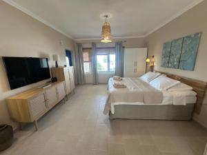 a bedroom with a large bed and a flat screen tv at Katalyma Thalassa in Ixia