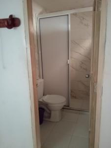 a bathroom with a toilet and a walk in shower at CABAÑAS CALIPSO, 2 piso in Coveñas