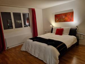 una camera da letto con un letto con un cuscino rosso sopra di Senseblick zu Bern a Thörishaus