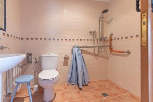 a bathroom with a toilet and a sink and a shower at Apartamentos El Cruce de Moratón in Cóbreces +75 photos