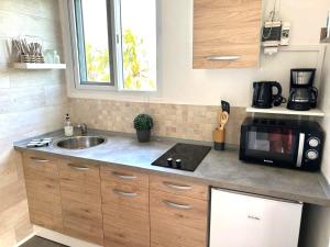 a kitchen with a sink and a microwave at O Soley Carib in Saint-Claude