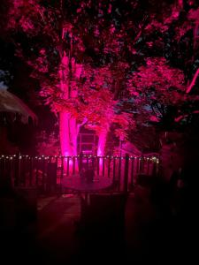 a table in front of a fence with pink lights at The Boho - 4 min walk to beach & town in Bournemouth