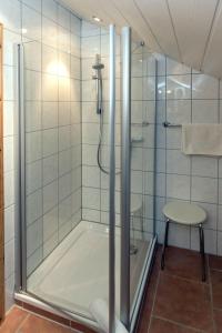 a shower with a glass door in a bathroom at Gästehaus Hauser in Rust