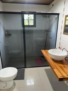 a bathroom with a toilet and a sink and a shower at Recanto Amado in Araucária