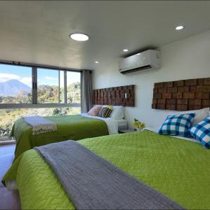 ein Schlafzimmer mit zwei Betten mit grüner Bettwäsche und einem Fenster in der Unterkunft Las Terrazas Suites Studio Apartment in San Salvador