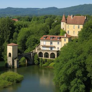 a bridge over a river with a building on it at Le chant du Gave- Maison neuve lumineuse avec piscine- Rivière en contrebas du jardin in Sauveterre