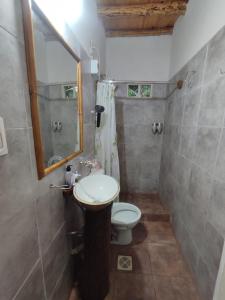 Un baño con inodoro, lavabo y espejo. en Cabaña Las Catas, en General Enrique Mosconi