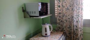 a microwave sitting on top of a counter in a kitchen at Hospedaje LA LUCIA in Almafuerte