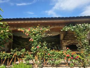a garden with a stone fireplace with flowers at Alyona's house in Vagharshapat