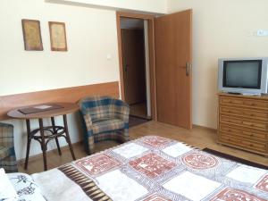 Habitación con cama, TV y mesa. en Kufa Jama, en Wisła