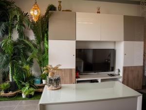 a living room with a tv and a white cabinet at Appartement de L'Espiguette in Le Grau-du-Roi