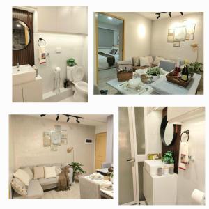 a collage of three pictures of a bathroom and a living room at Gales Urban Haven in Iloilo City
