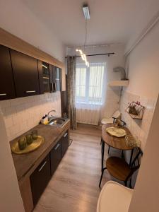 a kitchen with a sink and a table at Hășmaș Peak Escape in Bălan