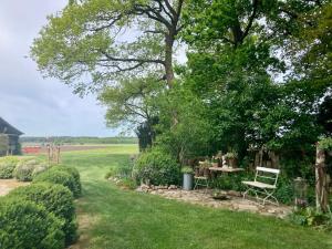 a garden with a table and a chair in a yard at Fewo KRANICH by fewo-plan WING141 Nähe Naturpark Wingst in Armstorf