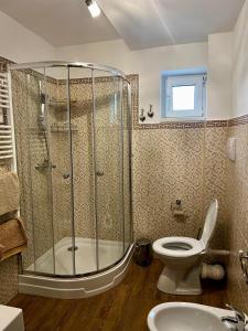 a bathroom with a shower and a toilet and a sink at La Nuti in Sinaia +27 photos