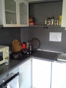 米什科爾茨的住宿－Belvárosi Vendégház，厨房柜台配有炉灶和微波炉