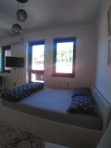 a large bed in a room with two windows at AS apartman Panonica in Tuzla