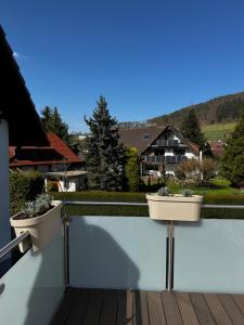 two white pots sitting on the side of a balcony at BraWa FeWo Erlebnis Region Europa Park Schwarzwald Badespaß Rulantica in Ettenheim