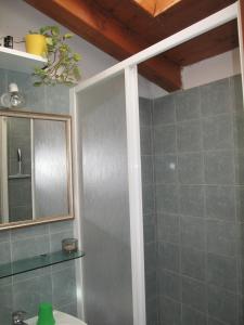 a bathroom with a shower and a sink and a mirror at La Calletta in Rovinj