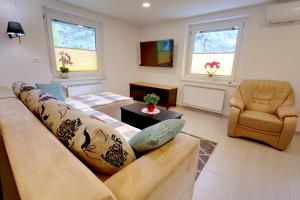 una sala de estar con un sofá y una silla en Apartma Pr'kovač, en Bohinjska Bistrica