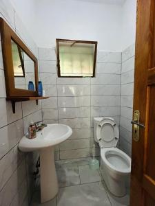 a bathroom with a toilet and a sink at Guesthouse Lola in Valbonë