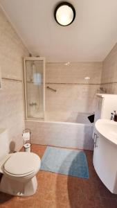 a bathroom with a toilet and a sink and a tub at Vakantiehuisje Vechtdal in Stegeren