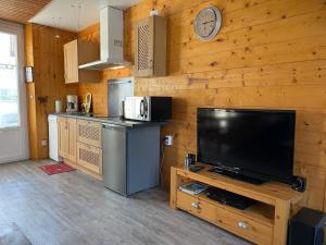 a living room with a tv and a wooden wall at Le Tacot in Pont-de-Poitte
