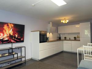 a kitchen with a fire in the fireplace at Ferienwohnung Denkendorf in Denkendorf