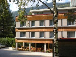 a building with a tree in front of it at Residence Kristall in Mezzana